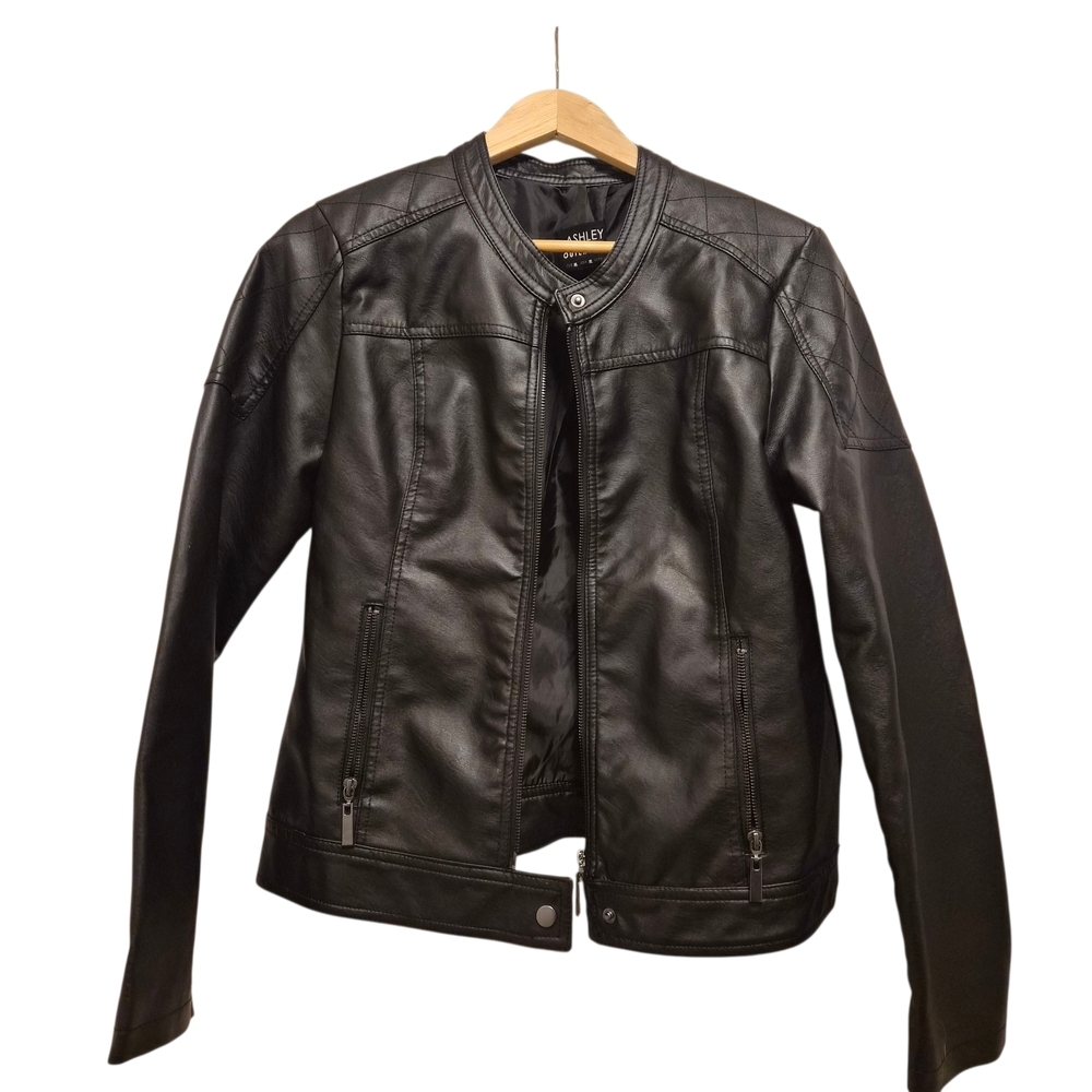 🔆 Ashley Outerwear Black Vegan Leather  Zip Up Jacket, Large